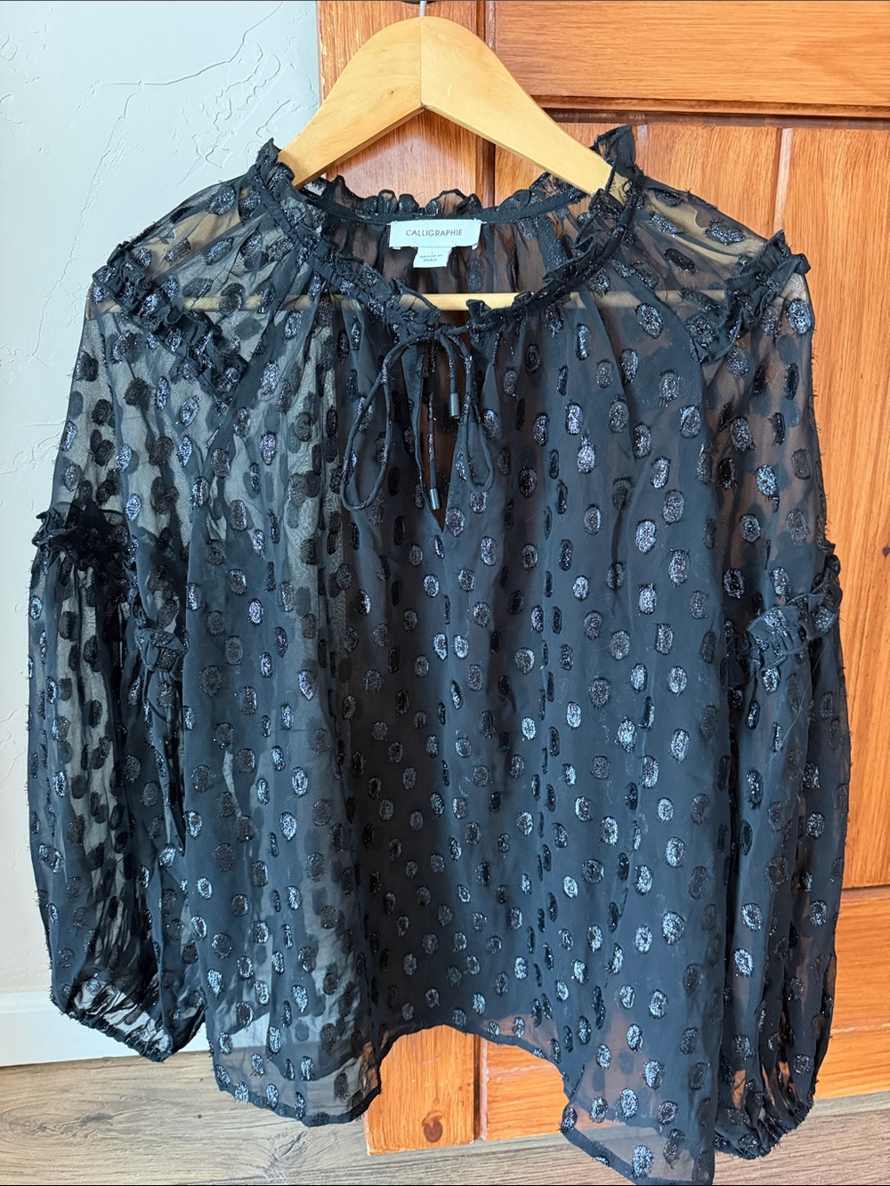 CALLIGRAPHIE Black Sheer Dot Tie-Neck Blouse